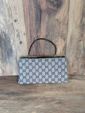 Ande Navy/Tan GG Monogram Top-Handle Clutch with Wrist Handle AB168